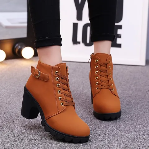 Botines de Tacón Alto Grueso para Mujer Cuero Artificial Esmerilado Cordones Cremallera Lateral Botas Martin Moda Color Sólido