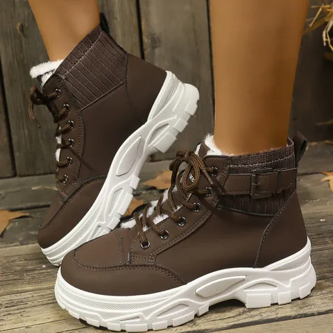 Women's Winter High Top Boots Faux Leather Platform Snow Boots Warm Faux Fur Lined Lace Up Booties With Buckle Outdoor Shoes