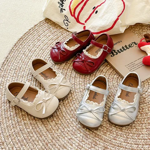 Girls Mary Jane Princess Shoes With Bowknot Lace Trim PU Leather Soft Sole Non-Slip Toddler Flats For Wedding Party Daily
