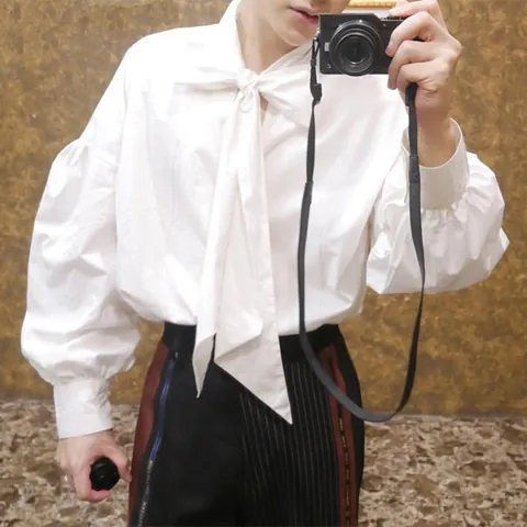 Men Casual Long Sleeve Polyester Shirt Featuring Drop Shoulder and Pussy Bow Tie Design Loose Fit Lantern Sleeve Top