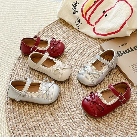 Girls Mary Jane Princess Shoes With Bowknot Lace Trim PU Leather Soft Sole Non-Slip Toddler Flats For Wedding Party Daily