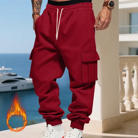 Men Heavyweight Fleece Lined Cargo Pants Loose Fit Multi-pocket Sporty Joggers Thermal Casual Bottom Drawstring Sweatpants