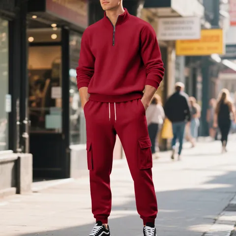 Conjunto de Chándal para Hombre American Vintage Forrado de Felpa Sudadera Con Cremallera 1/4 y Pantalones Cargo Jogger Invierno Cálido