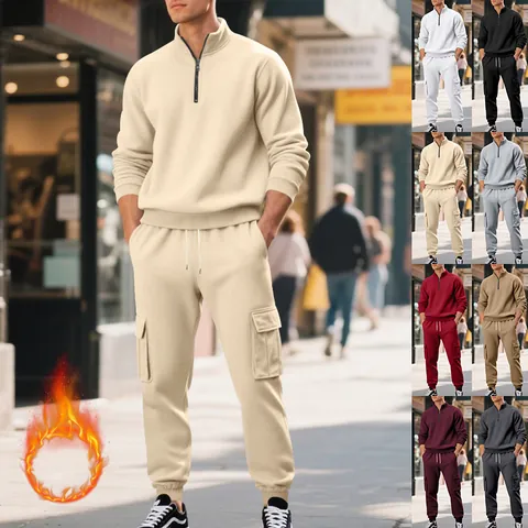 Conjunto de Chándal para Hombre American Vintage Forrado de Felpa Sudadera Con Cremallera 1/4 y Pantalones Cargo Jogger Invierno Cálido