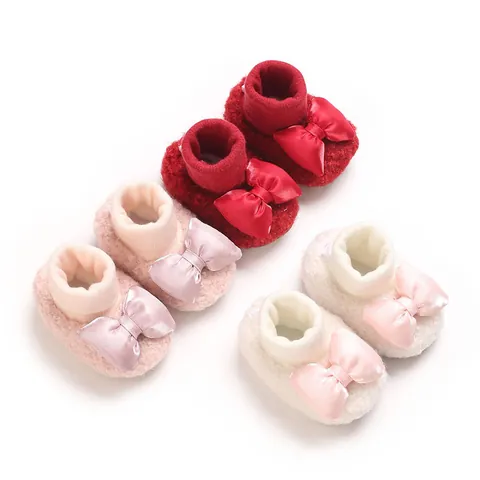 Baby Girls Winter Fleece Warm Bowknot Shoes Infant First Walkers Toddler Soft Sole Crib Shoes Thickened Ribbed Cuff Prewalker Boots