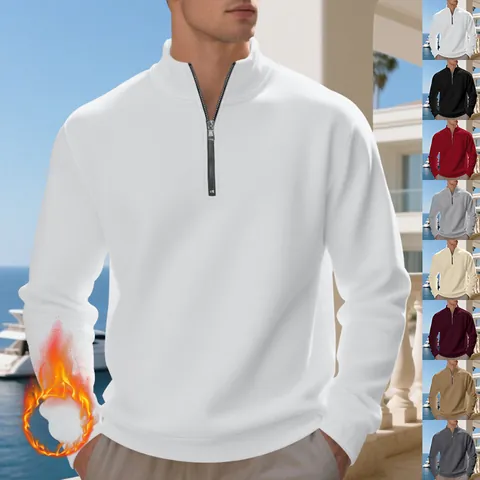 Men's Plus Size Solid Quarter Zip Stand Collar Fleece Sweatshirt Casual Loose Long Sleeve Pullover Autumn Winter Warm Top
