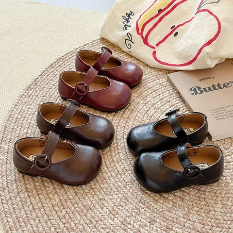 Girls French Vintage Mary Jane Shoes PU Leather Round Toe Flat Princess Shoes For Little Girls Spring Autumn School Casual Loafers