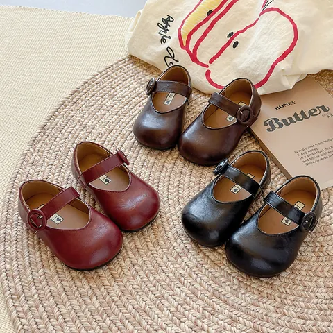 Girls French Vintage Mary Jane Shoes PU Leather Round Toe Flat Princess Shoes For Little Girls Spring Autumn School Casual Loafers
