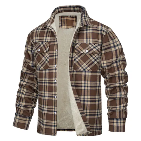 Men Plaid Sherpa Lined Jacket Winter Warm Fleece Flannel Shirt Jacket Western Casual Turn-down Collar Loose Outwear Coat