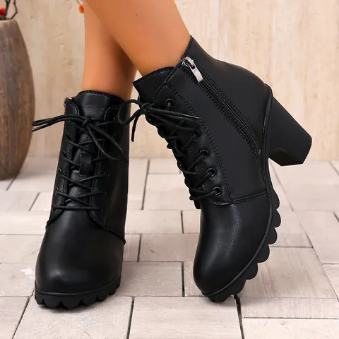Women's European Style PU Leather Ankle Martin Boots Round Toe Block High Heel Lace-up Side Zipper Platform Non-slip Boots