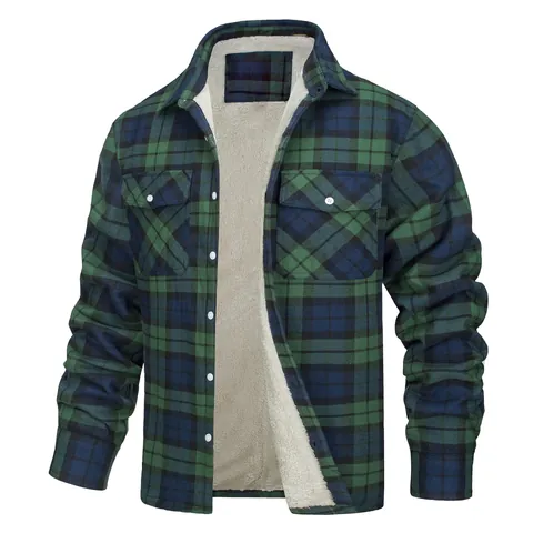 Men Plaid Sherpa Lined Jacket Winter Warm Fleece Flannel Shirt Jacket Western Casual Turn-down Collar Loose Outwear Coat