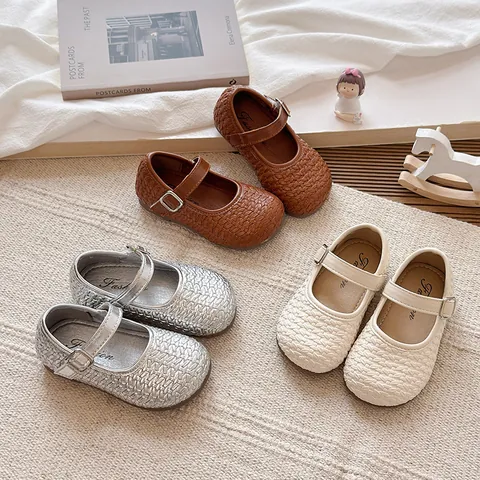 Mädchen Mary Jane Schuhe Im Französischen Stil Gewebtes PU-Leder Flache Prinzessinnenschuhe Vintage Kleinkinder Formelle Schulschuhe