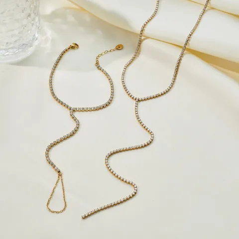Conjunto de Collar en Y de Acero Inoxidable Con Circonia Y Pulsera de Mano Con Anillo Para Mujer Joyería de Moda