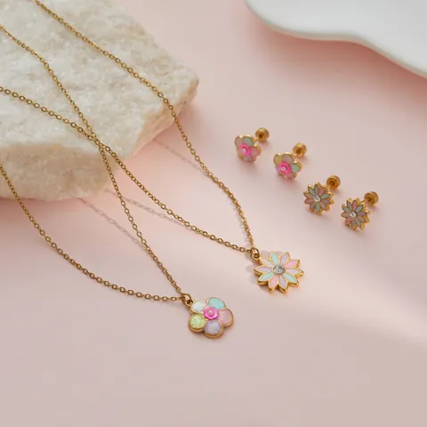 Edelstahl Blumen Schmuckset für Kinder Mehrfarbig Emailliert Blumenanhänger Halskette und Ohrstecker Set Gold Strass Kinder Geschenk