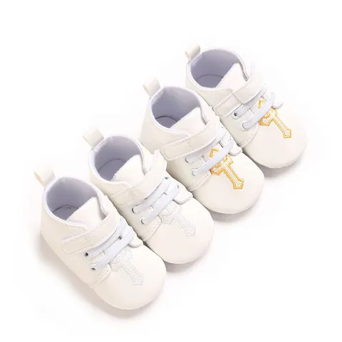 Infant Toddler Soft Sole First Walkers Shoes Cross Embroidered Baptism Shoes White PU Leather Breathable Footwear For Baby
