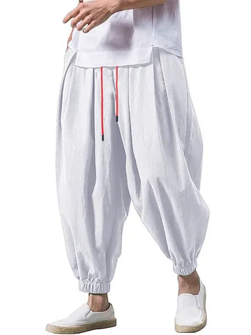 Men's Casual Linen Pants Drawstring Elastic Waist Jogger Harem Beach Trousers Breathable Solid Color Male Bottoms