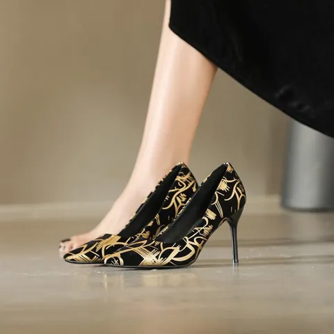 Sexy Pointed Toe Stiletto High Heels For Women 2024 Spring Fashion Abstract Printed Synthetic Leather Party Pump Shoes