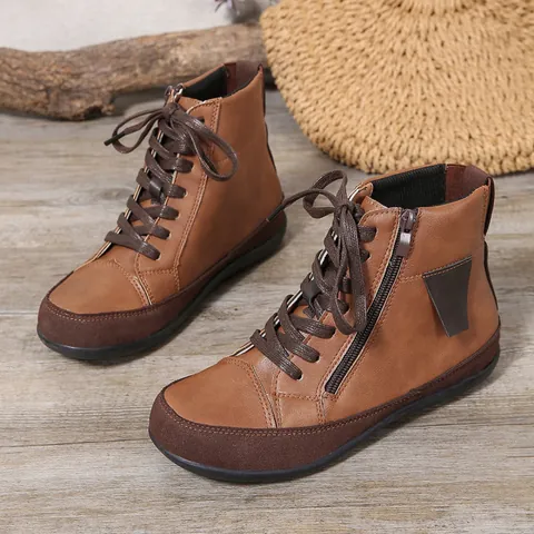 Botas Cortas Planas de Cuero PU Retro para Mujer Minimalistas con Cremallera Lateral Cordones Impermeables Antideslizantes Casual