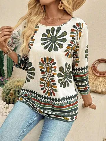 T-Shirt Femmes Imprimé Floral Bohème Élégant Col Rond Manches Mi-longues Polyester Décontracté Haut Blanc Cassé