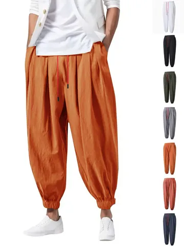 Men's Casual Linen Pants Drawstring Elastic Waist Jogger Harem Beach Trousers Breathable Solid Color Male Bottoms