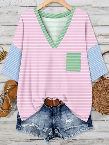 Dames V-Hals Kleurblok Gestreepte T-Shirt Casual Korte Mouw Polyester Top Met Opgestikte Zak Zomer Ruime Pasvorm Tee