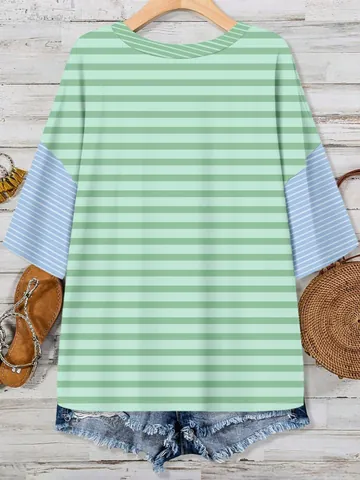 Dames V-Hals Kleurblok Gestreepte T-Shirt Casual Korte Mouw Polyester Top Met Opgestikte Zak Zomer Ruime Pasvorm Tee
