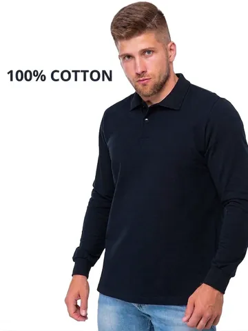 Men Long Sleeve Polo Shirt 100% Cotton Solid Color Turn-down Collar Business Casual Basic Breathable Polo Top Autumn Winter Men Clothing