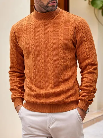 Men's High Neck Cable Knit Sweater Polyester Spandex Warm Jacquard Pullover Casual Autumn Winter European Size Jumper