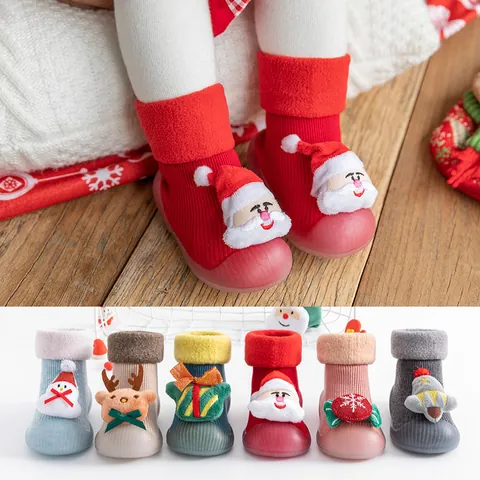 Infant Toddler Winter Sock Shoes Fleece Lined Warm Non-slip Rubber Sole Christmas Santa Reindeer Baby First Walkers For Indoor Outdoor