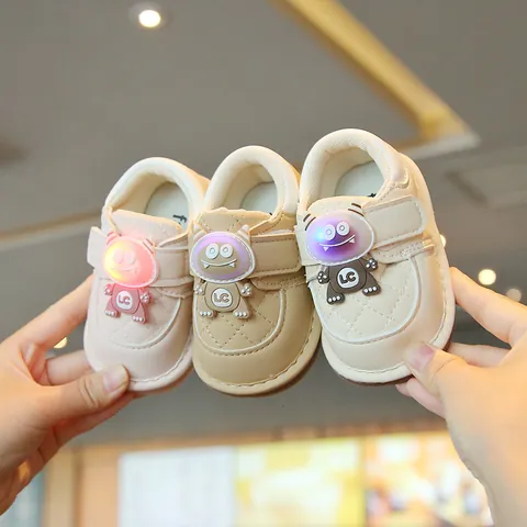 Baby First Walker Shoes LED Light Up Squeaky Soft Sole Cartoon Monster Quilted Synthetic Leather Velcro Sneakers For Toddler