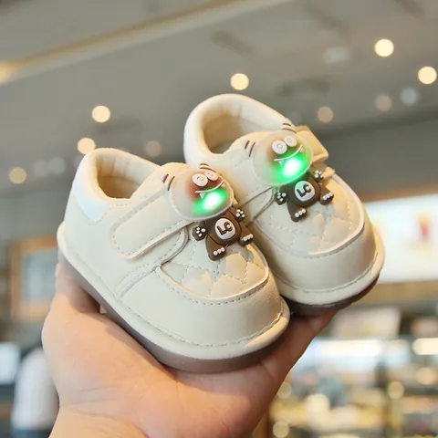Baby First Walker Shoes LED Light Up Squeaky Soft Sole Cartoon Monster Quilted Synthetic Leather Velcro Sneakers For Toddler