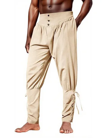 Men Retro Pirate Trousers Hemp Blend Lace-up Ankle Tapered Pants Vintage Gothic Viking Renaissance Harem Casual Pants