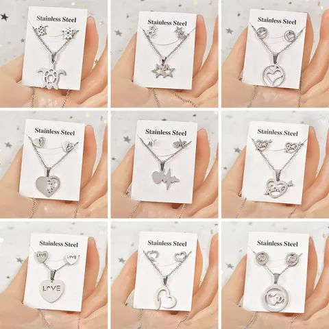 Vintage Stainless Steel Heart Star Turtle Jewelry Pendant Necklace Earrings Geometric Hollow Out Trendy Accessories For Women
