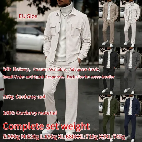 Men's Casual Corduroy Two Piece Set Solid Color Long Sleeve Lapel Shirt And Pants Top And Bottom Fashion Leisure Suit