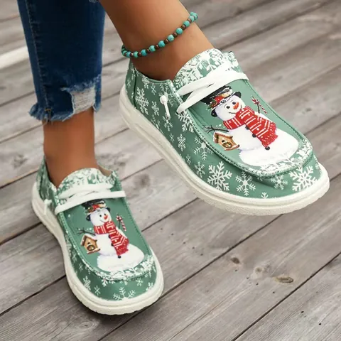 Women's Christmas Snowman Print Casual Flat Shoes Lightweight Canvas Slip On Loafers Holiday Fashion Walking Flats Large Size