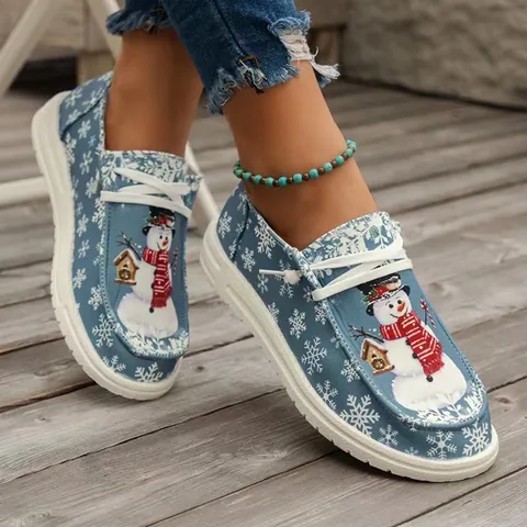 Women's Christmas Snowman Print Casual Flat Shoes Lightweight Canvas Slip On Loafers Holiday Fashion Walking Flats Large Size