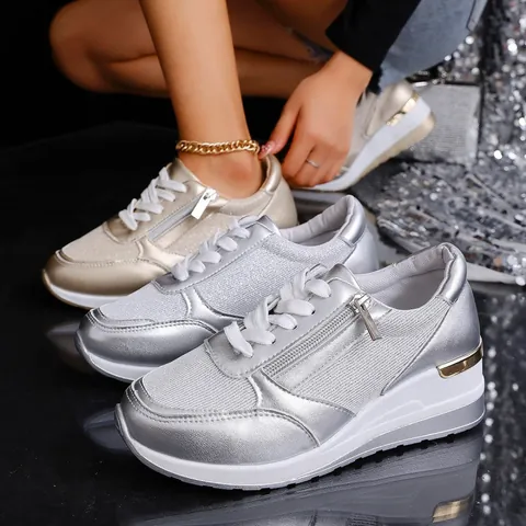 Women Fashion Platform Sneakers Metallic PU Synthetic Leather Casual Shoes Height Increasing Side Zipper Lace-up Sneakers