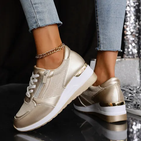 Women Fashion Platform Sneakers Metallic PU Synthetic Leather Casual Shoes Height Increasing Side Zipper Lace-up Sneakers