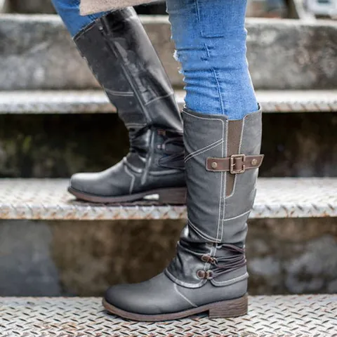 Women Retro Knight Boots Belt Buckle Side Zip Knee High Boots Autumn Winter Round Toe PU Leather Block Heel Long Boots