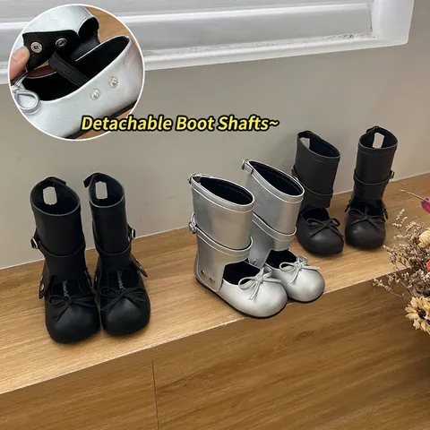 Girls Princess Leather Boots Detachable Shaft Bow Fashion Autumn Toddler Shoes Metallic Silver Black Brown Single Boots