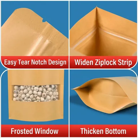 Kraft Paper Stand Up Pouch With Frosted Window Zipper Resealable Food Storage Bags For Snacks Tea Dry Fruit Coffee Packaging