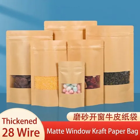 Kraft Paper Food Packaging Bags With Frosted Window Stand Up Pouch Zip Lock Resealable Bags For Tea Dried Fruit Nuts Storage