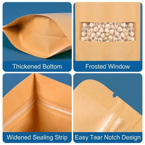 Thickened Kraft Paper Stand-up Pouches Frosted Window Resealable Zip Lock Bags For Food Nuts Coffee Tea Storage Bags Home Kitchen Packaging