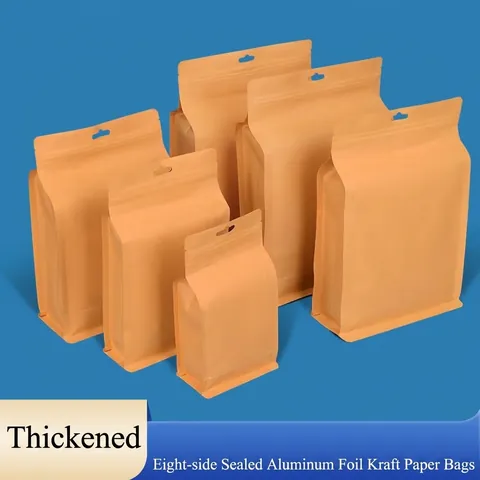 Kraft Paper Eight Side Seal Bag With Aluminum Foil Lining Resealable Ziplock Stand Up Pouch For Tea Food Storage Packaging