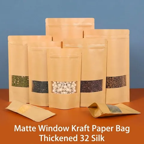 Bolsas Autoportantes de Papel Kraft Espesado Ventana Esmerilada Bolsas de Cierre de Cremallera Reutilizables para Alimentos Nueces Café Té Bolsas de Almacenamiento Cocina Embalaje
