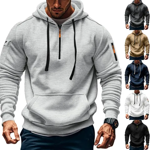 Herren Schwerer Fleece Kapuzenpullover Amerikanischer Workwear-Stil Halber Reißverschluss Winter Warm Lässig Lockerer Multi-Taschen-Oberteil