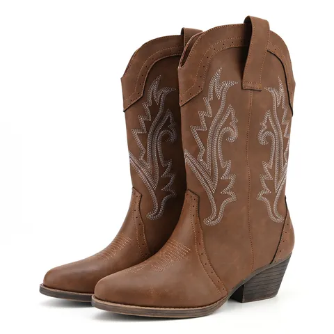 Women's Embroidered Western Cowboy Boots Vintage Chunky Mid Heel Round Toe Retro Bohemian Ethnic Style PU Fashion Boots