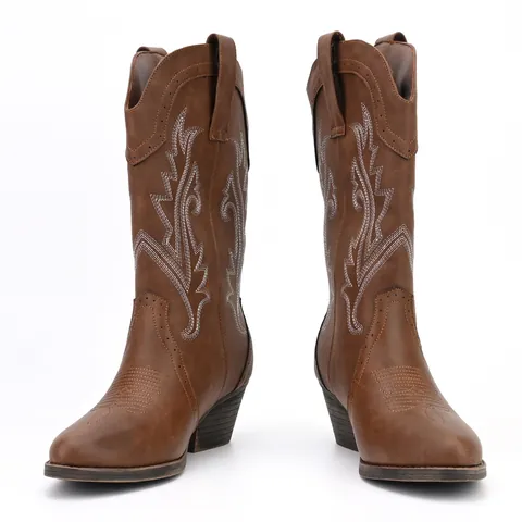 Women's Embroidered Western Cowboy Boots Vintage Chunky Mid Heel Round Toe Retro Bohemian Ethnic Style PU Fashion Boots