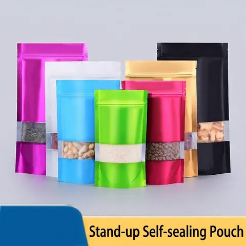 Matte Aluminum Foil Stand Up Pouch With Window Multicolor Ziplock Smell Proof Bags For Food Candy Tea Gift Packaging