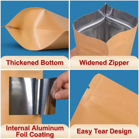 Kraft Paper Stand Up Pouch With Aluminum Foil Lining Reusable Zipper Seal Bags For Food Tea Storage Moisture Proof Bags